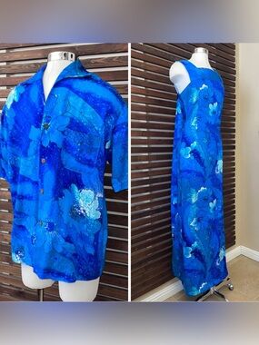 2 PC 1960s 60s Vintage Hawaiian Blue Green Shirt & Draped Back Maxi Dress Set